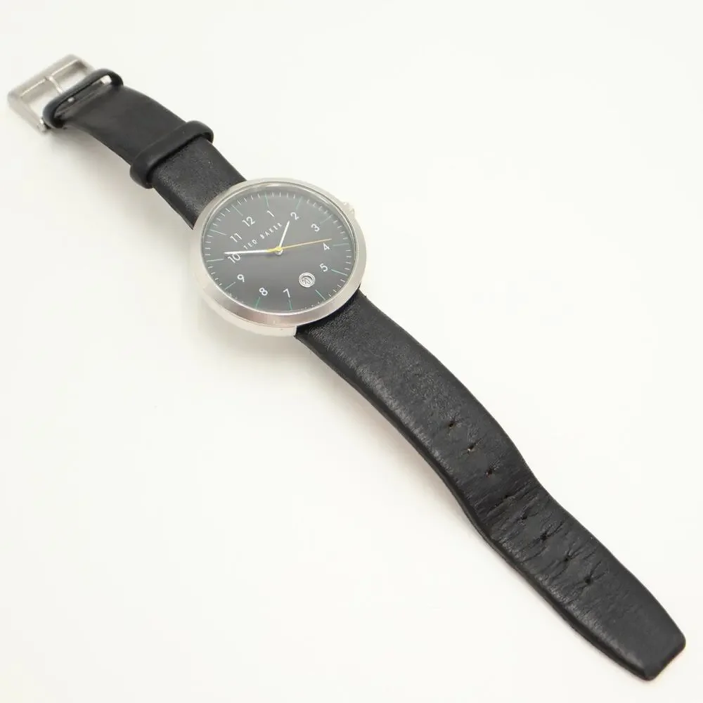 Ted Baker Mens Round 42mm Classic Date Watch Dress Black Leather w New Battery